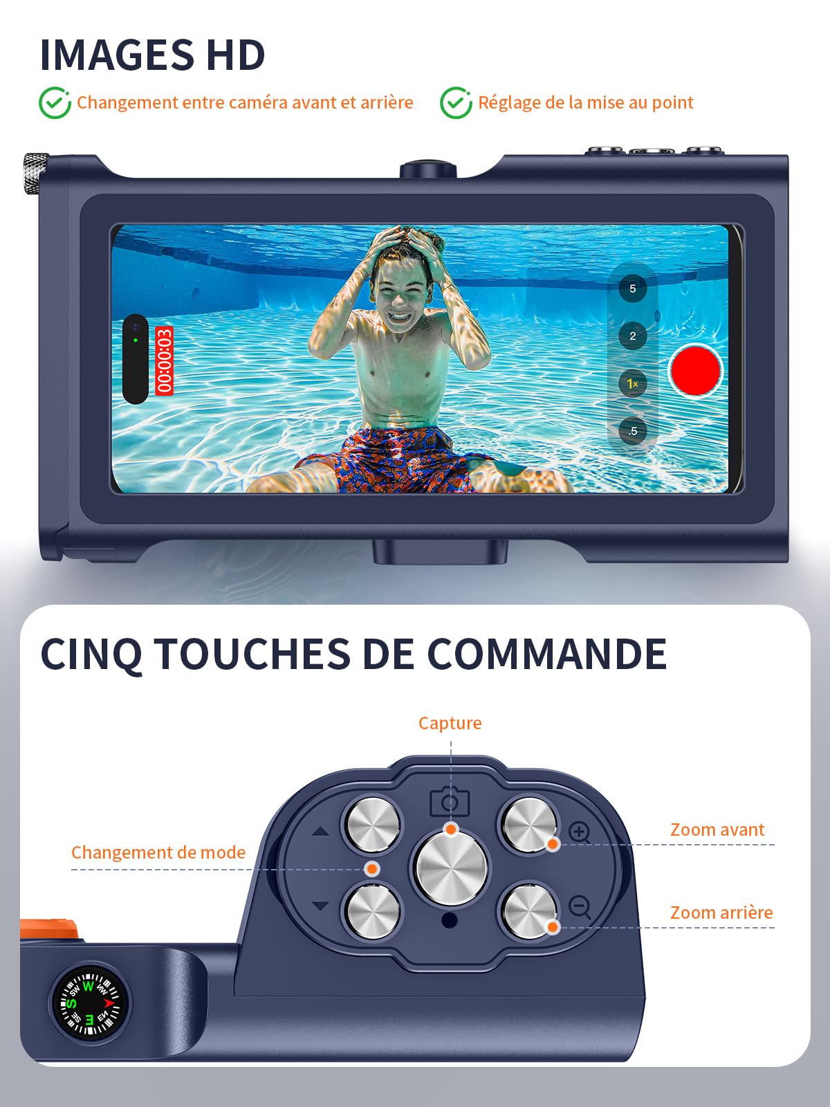 Pochette Étanche [Universelle] Coque Téléphone Protection IPX8 Plongée Étui [Fonction Bluetooth][Mise au Point réglable] pour iPhone Samsung Xiaomi 4.7-6.9'' 15M sous Marine Housse,Bleu Orangé
