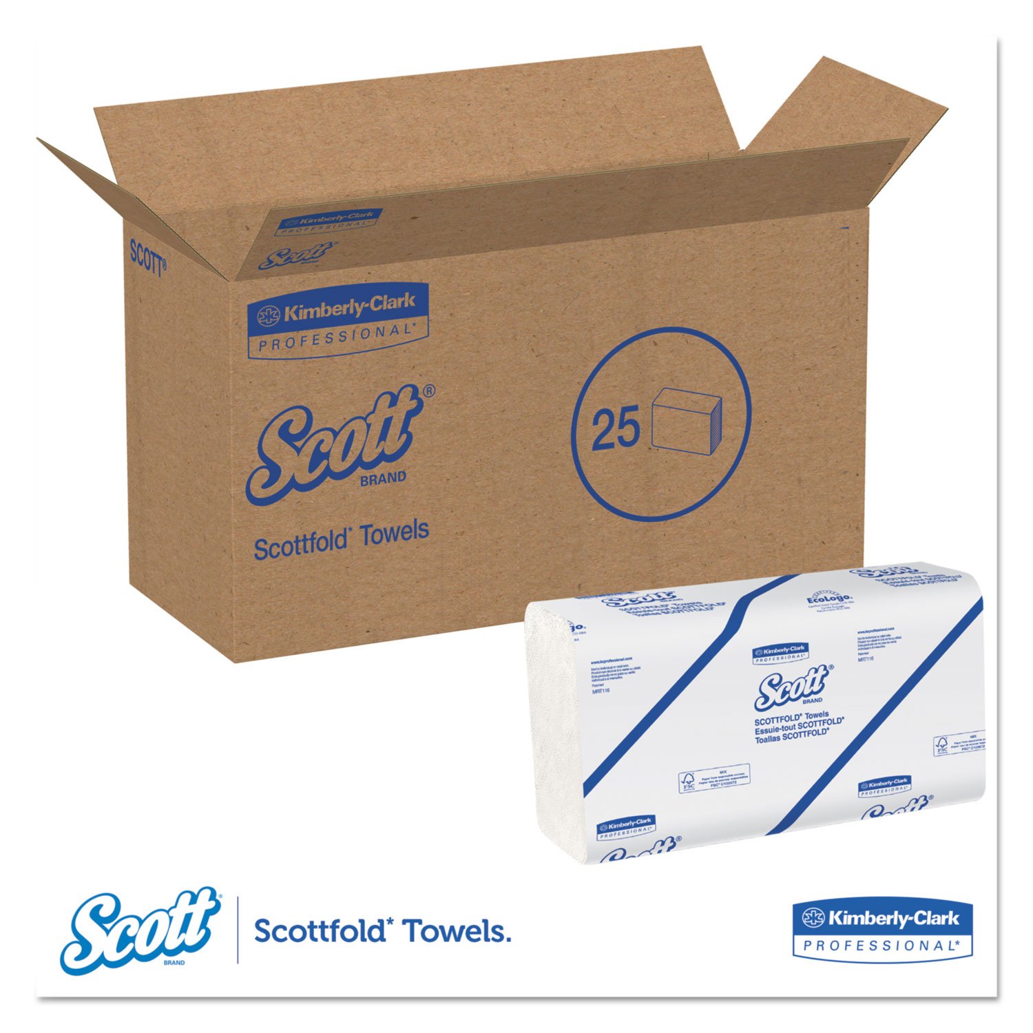 Scott 01980 SCOTTFOLD Paper Towels, 9 2/5 x 12 2/5, White, 175 Towels/Pack, 25 Packs/Carton