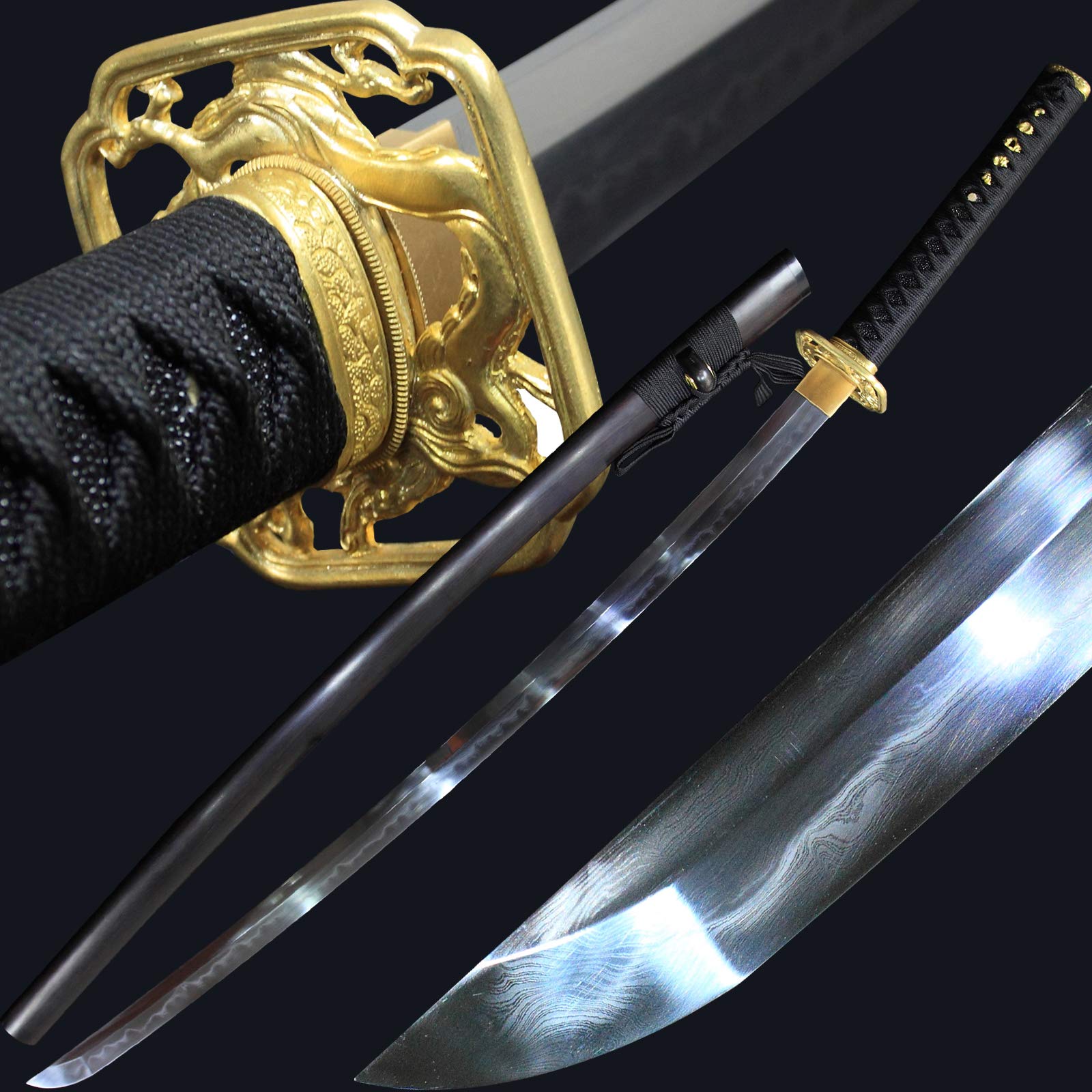 Hand-Made Real Samurai Sword Japanese Katana Pattern Steel Burnt Blade Full Tang Ebony Scabbard Brass Knife Tan Clay Tempered Combined