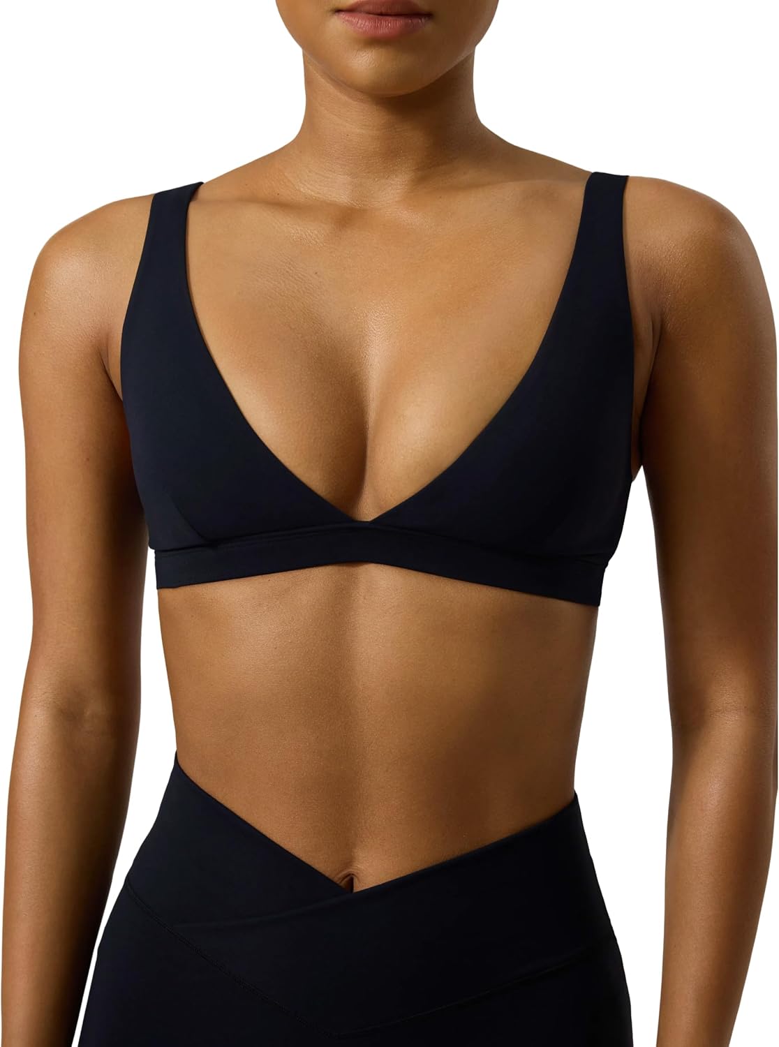 PAVOI ACTIVE Deep V Neck Sports Bra for Women - Low Coverage Open Back V Plunge Low Cut Workout Bra Removable Pads - FlexFlow