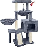 Tuaoeef Cat Tree with Condo, 2 Hammocks, Scratching Posts & Pads - Indoor Cat Tower, Climbing Activity Center with Toy Balls, Grey