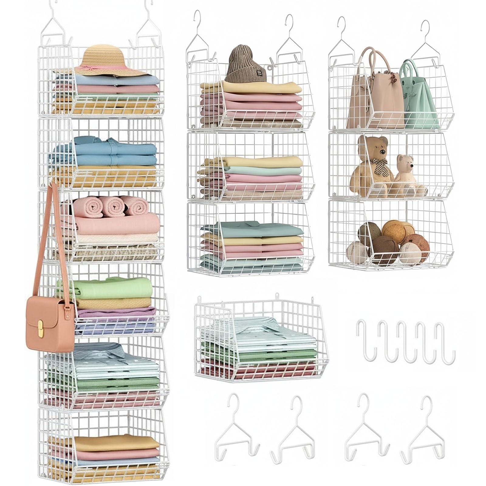 Wonninek 6-Tier Metal Hanging Wardrobe Organiser Foldable, Space Saving Hanging Storage Shelves, Durble Closet Hangable Shelf, Clothes Rack Accessories (White)