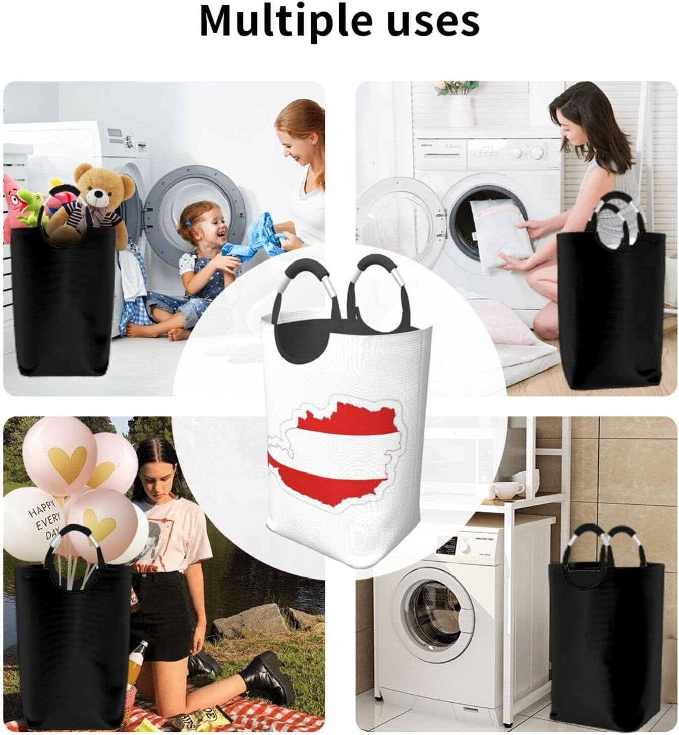 Austrian Flag Map Print Laundry Hamper With Handle, Large Laundry Bags Collapsible Dirty Clothes Basket For Bathroom