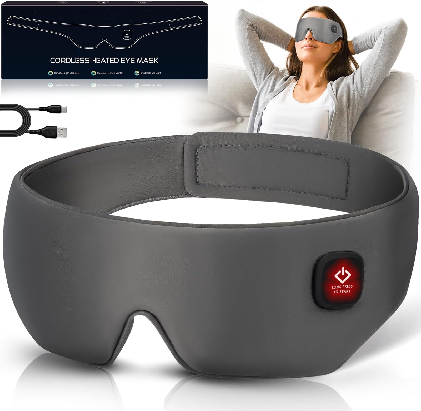 Silk Cordless Heated Eye Mask, Washable Sleep Mask Warm Compress Mask Soft Pressure Free Shade Blindfold Electric Eye Heating Pad for Blepharitis Sinus Stye Gifts for Men Women (Grey)