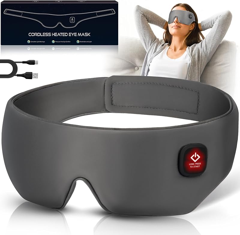 Máscara de ojos calentada inalámbrica de seda, máscara de dormir lavable, máscara de compresión cálida, sombra suave sin presión, venda para los ojos, almohadilla eléctrica para calentar los ojos para blefaritis, orzuelo sinusal, regalos para hombres y mujeres (gris)