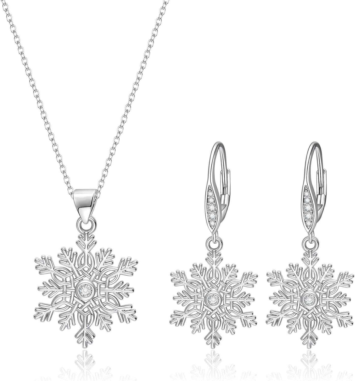 BriLove Winter Snowflake Jewelry Set for Women，Gorgeous Shiny Cubic Zirconia Elegant Pendant Necklace Leverback Dangle Earrings Christmas Party