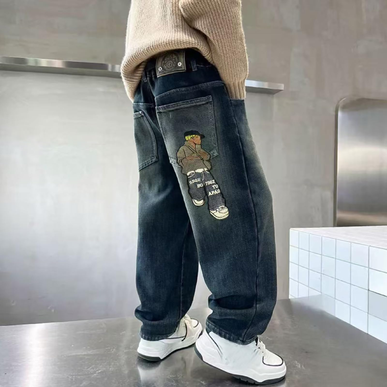 Generico Jeans Bambino 5-14 Anni Elasticizzati Larghi Pantaloni Jeans Denim Ragazzo con Elastico in Vita Gamba Dritta Morbidi Pantaloni Lavoro Cargo Loose Invernali Y2K Streetwear Tasche