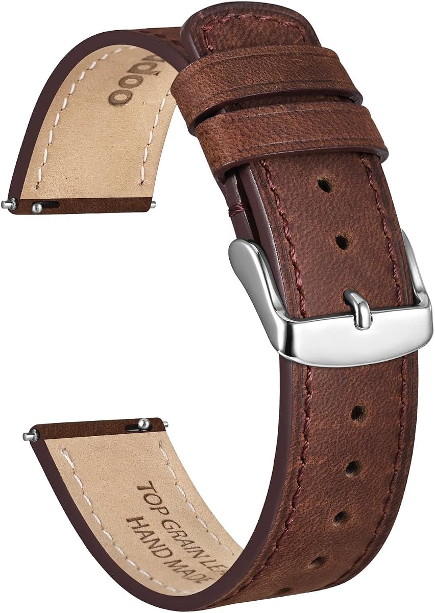 Ayadoo 22mm Top Grain Leather Watch Band, Dark Brown Crazy Horse Leather Replacement Watch Strap with Silver Buckle, Quick Release