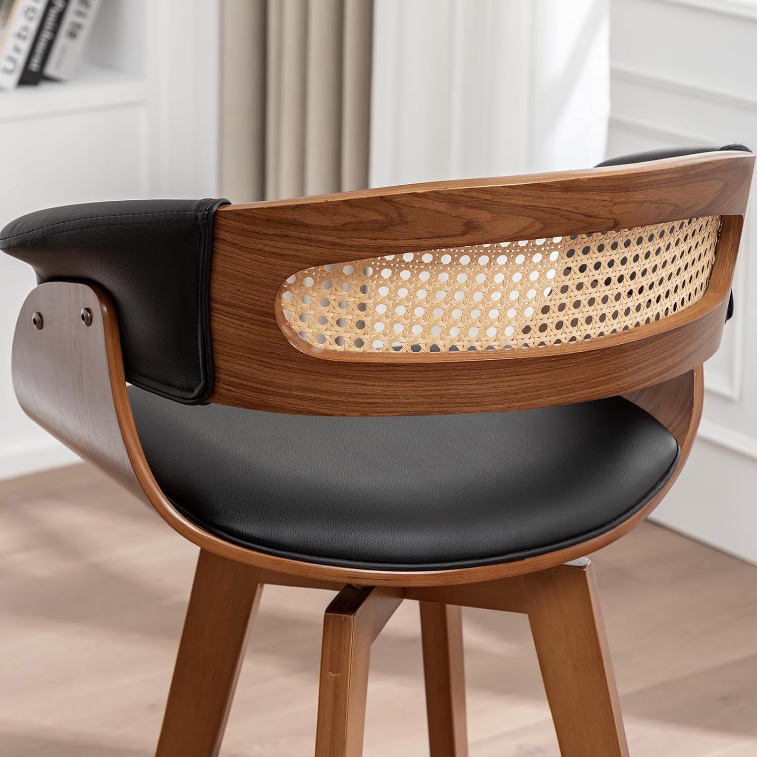 Set of 1 Counter Stools, 26.4 inch Rattan Swivel Bar Stools with Curved Rattan Back, Walnut Craftsmanship, Faux Leather Upholstered Seat (Walnut Black)