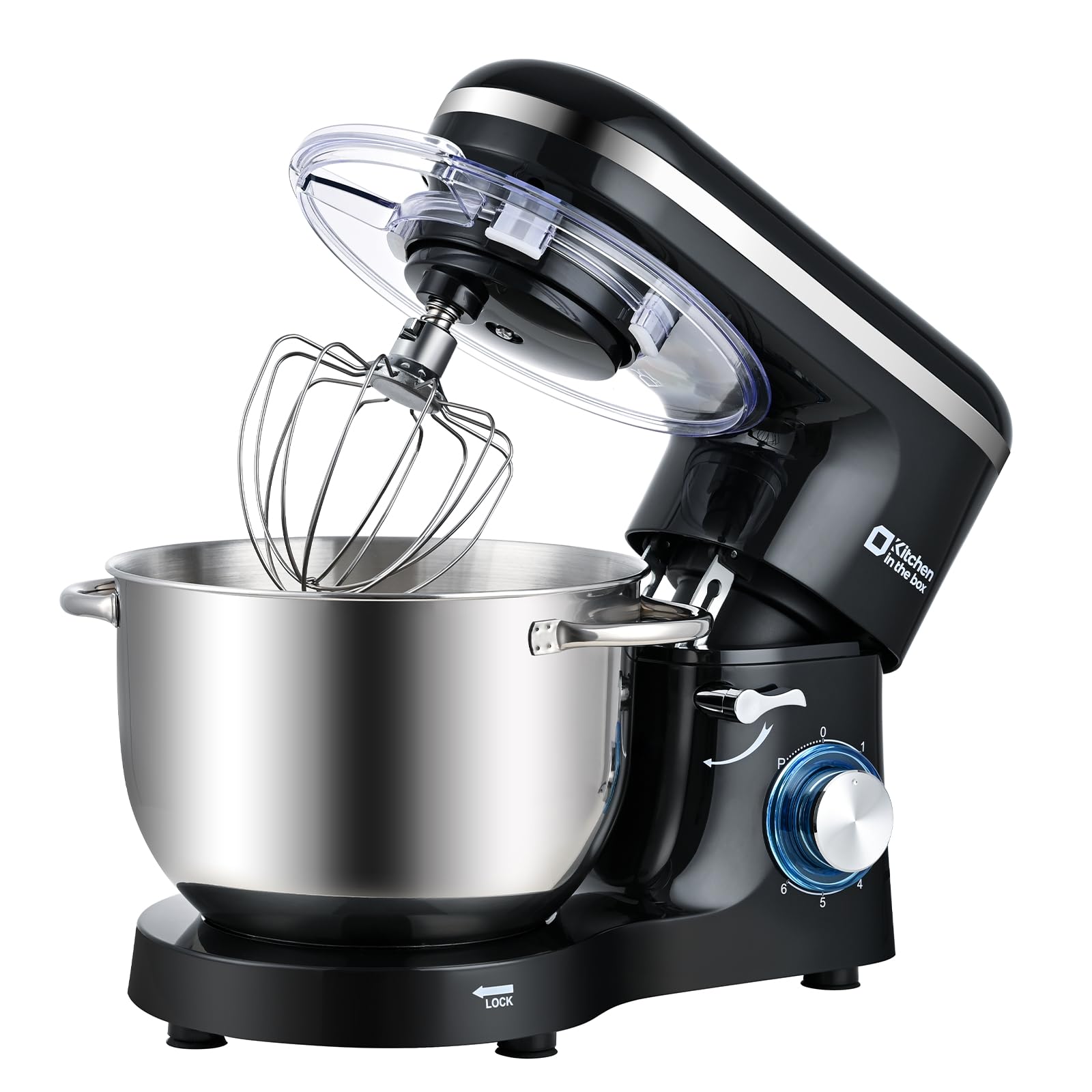 Kitchen in the box Küchenmaschine, 6,2 L Knetmaschine 1400 W, 6 Geschwindigkeits Teigmaschine mit Rührhaken, Knethaken, Schneebesen, Schwarz