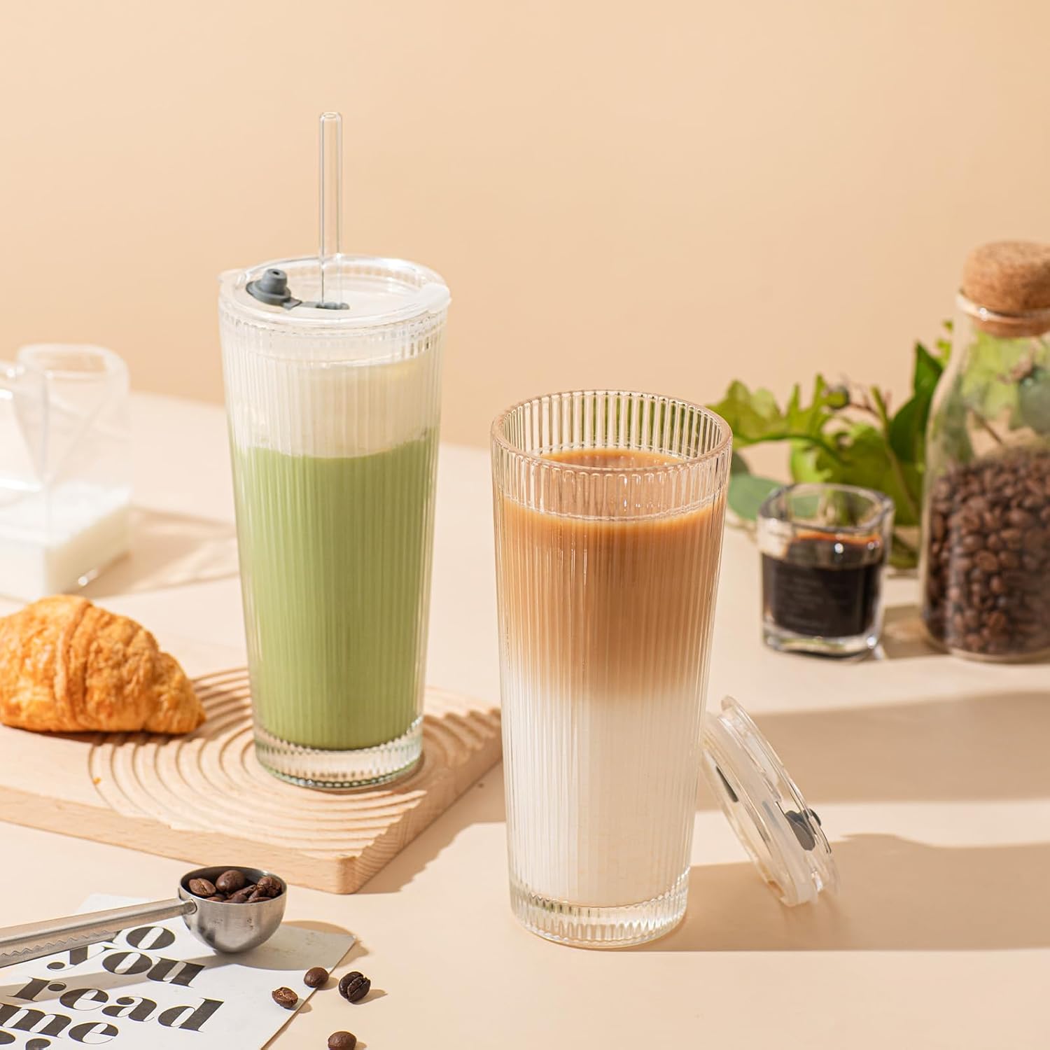 16oz Ribbed Glass Tumbler with Lid and Glass Straw – Set of 4 Glass Cups with Lids and Straws for Coffee, Smoothies, Cocktails and More, Reusable Iced Coffee Cups for Daily Use and Travel - Image 6