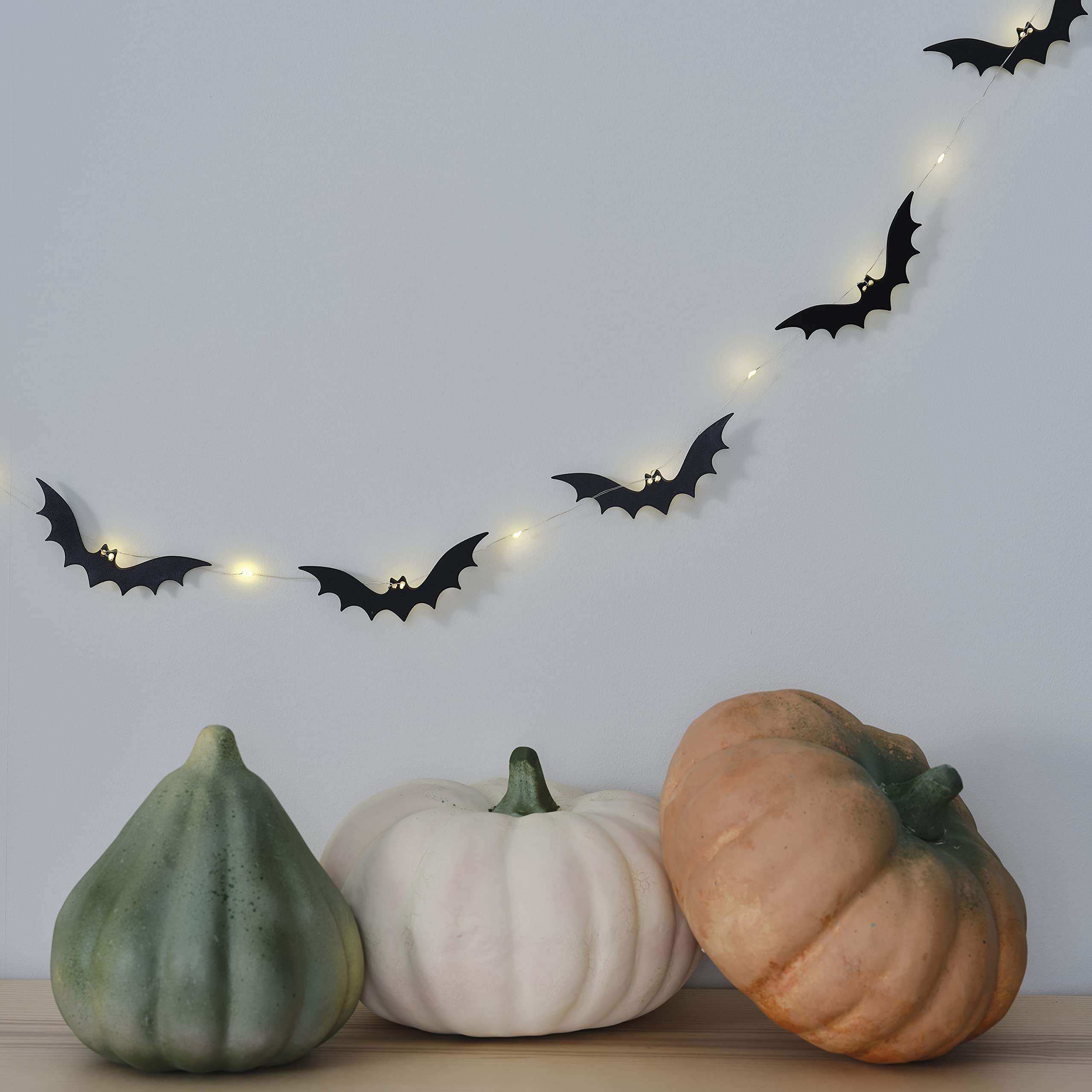 Halloween Black Bat Wooden Bunting with Light Up Eyes