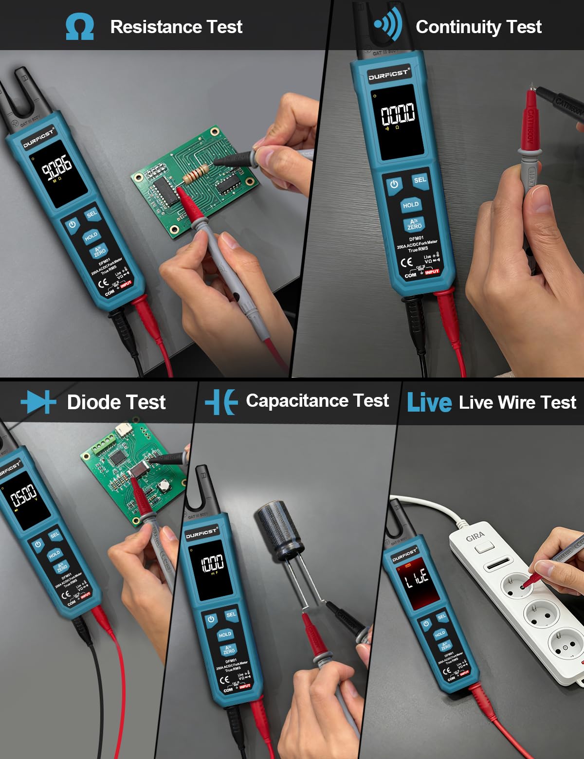 Stromzange, DURFICST Digitale Strommesszange TRMS 4000 Counts, Zangenamperemeter mit 200A AC/DC-Strom- und 600V Spannungsmessung, NCV, Kapazitätsmessung, Durchgangsprüfung, Temperaturmessung