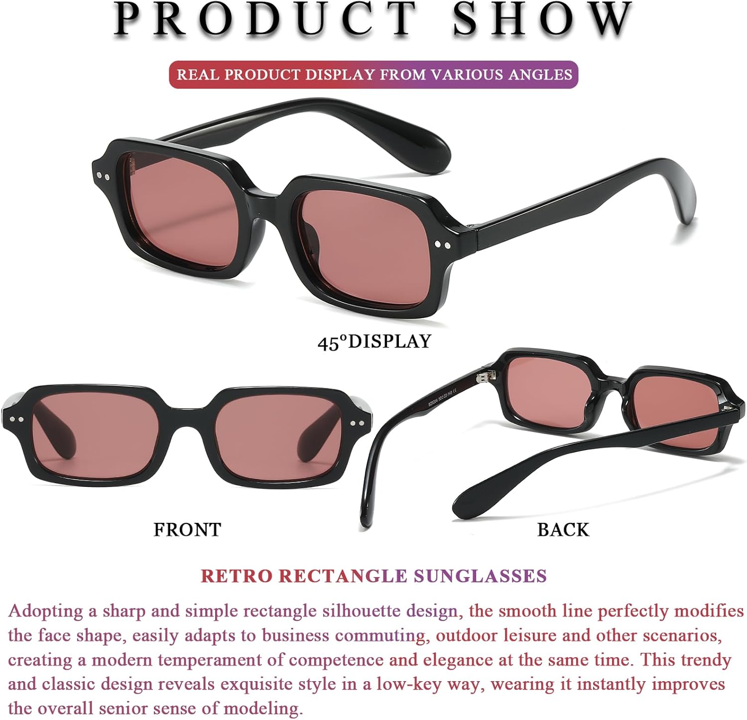 PORADAY Retro Rectangular Sunglasses for Women Men Vintage Small Square Frame Sun Glasses 90'S Style Trendy Narrow - Image 5