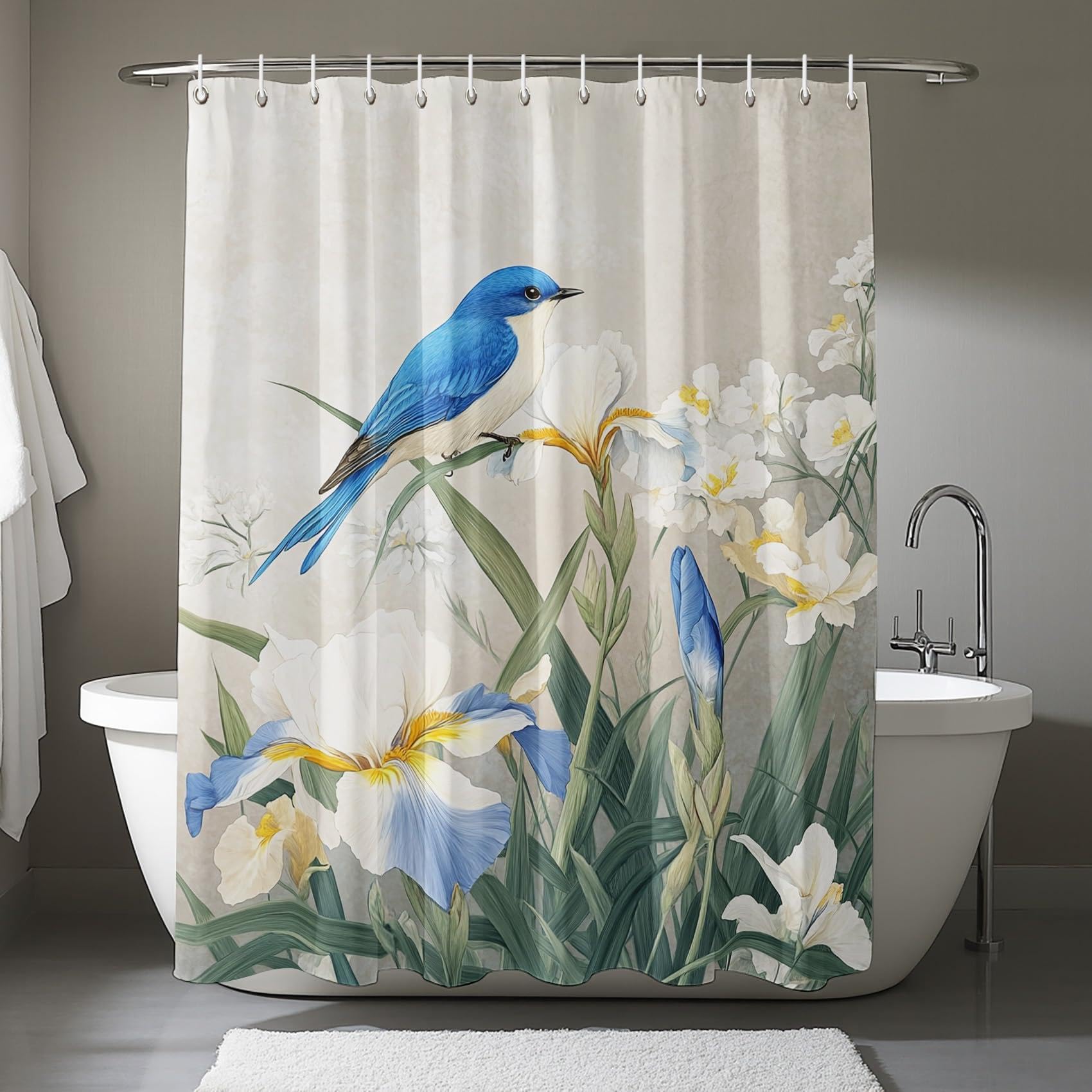 UIYIUI Blue Bird White Flower Bathroom Shower Curtain 67x67in（170x170cm） Spring Watercolor Iris Floral Animal Garden Landscape Bath Curtain, Modern Rustic Waterproof Fabric Bathtub Curtains