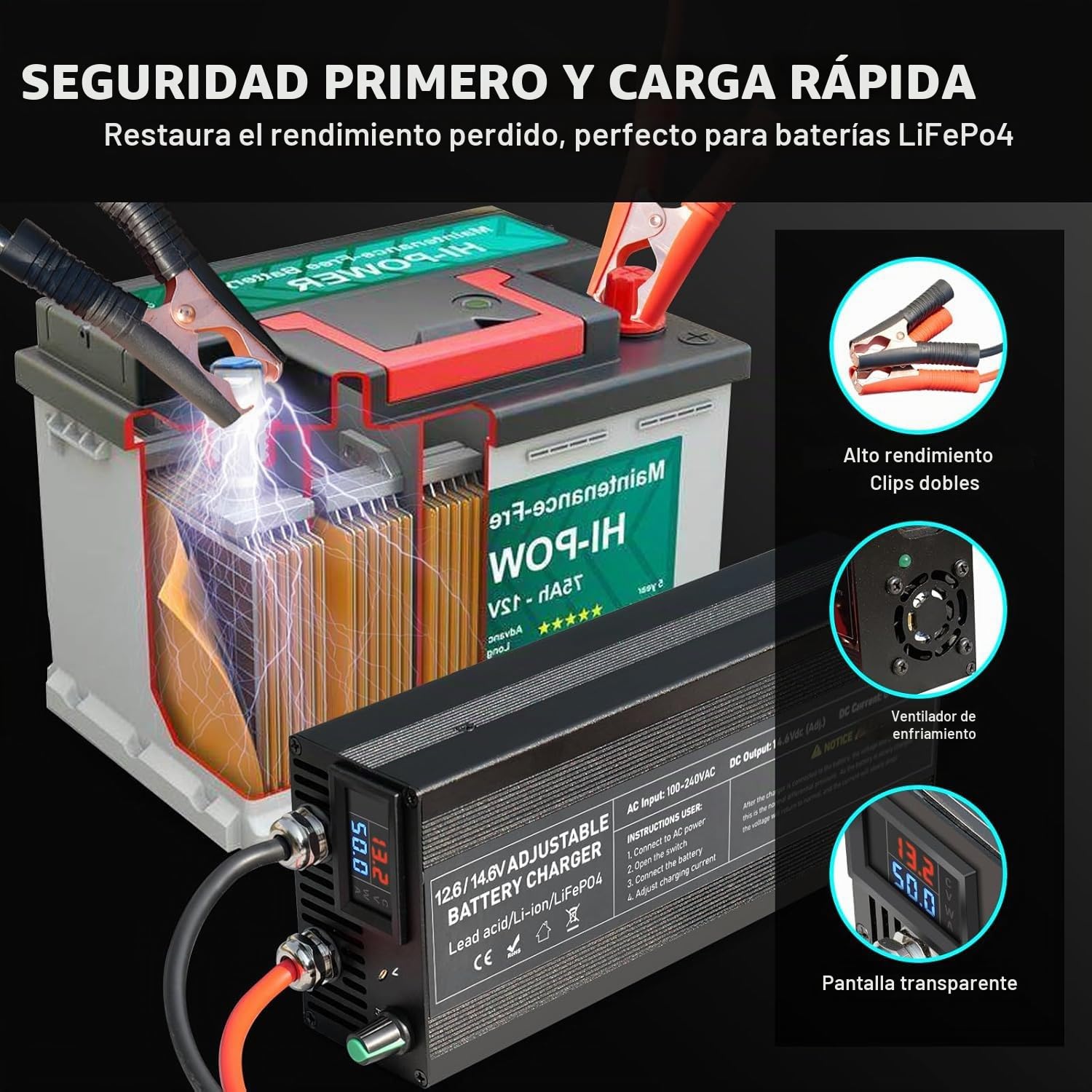 Cargador de Baterías LiFePO4 14.6V 60A, Regulación de Voltaje Preciso 0-15V Multivueltas, Cargador Rápido de Baterías de Litio 12V 60A con Carga Automática al Conectar