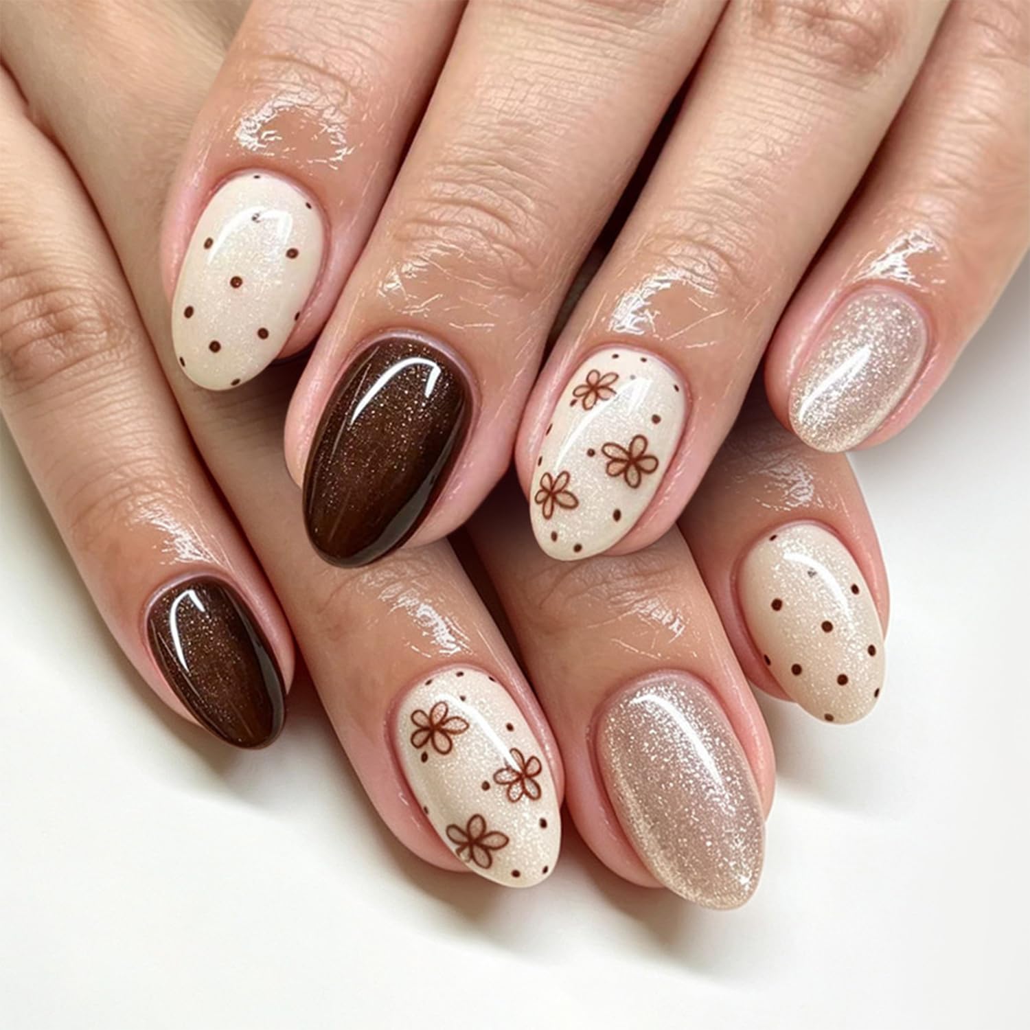 Fall Brown Polka Dot Press On Nails Medium Almond Fake Nails For Women