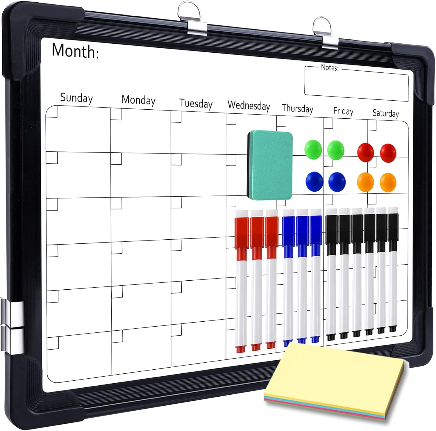 Monthly Calendar Dry Erase Whiteboard Set for Wall,16" x 12" Magnetic Dry Erase Board, Hanging Double-Sided White Board, Portable Board for Planning,Memo,Drawing,Kitchen,School,Home,Office Black