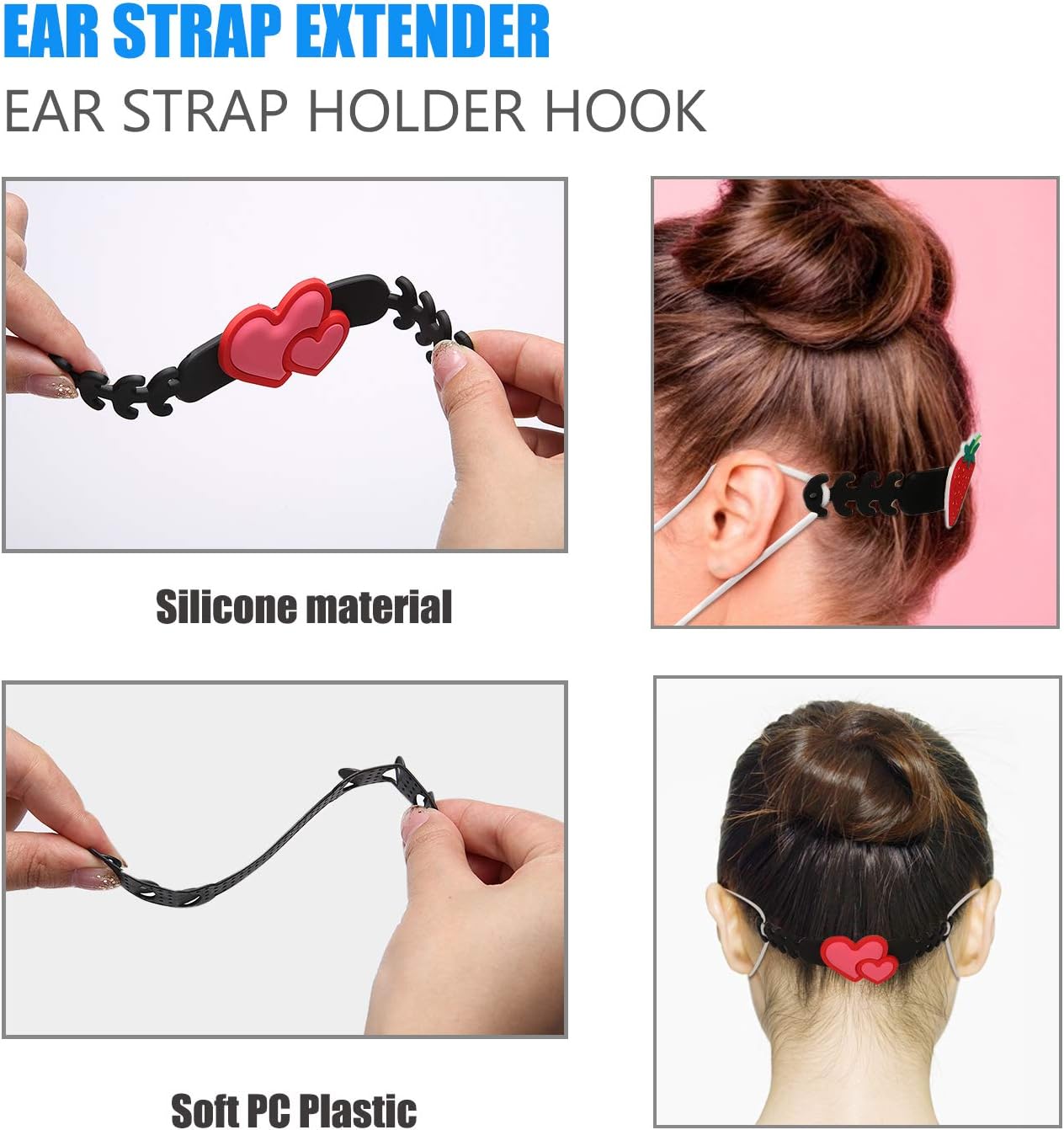 Adjustable Ear Strap Saver Extenders Ear Strap Extender Holder,Comfortable face Extension Hook Band Clip,Ear Extenders/Ear Strap Savers (1 red Heart 1 Strawberry 1 Lemon and 10 Black Ear Strap Saver)