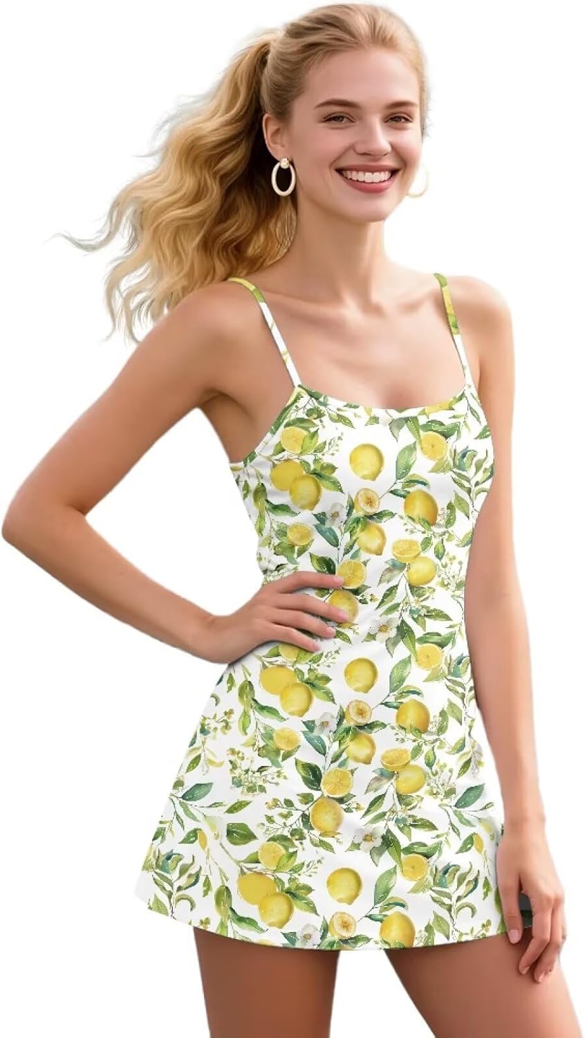 Womens Tennis Dress 2-in-1 Golf Workout Dress with Built-in Shorts Pockets Athletic Dresses with Strap XS-2XL