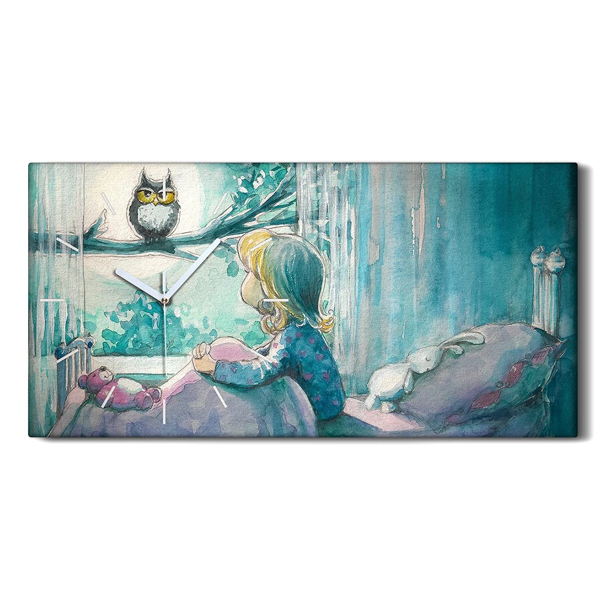 Horloge sur Toile Salon et Chambre Ambiance Cosy - Tableau Moderne Fille au Hibou