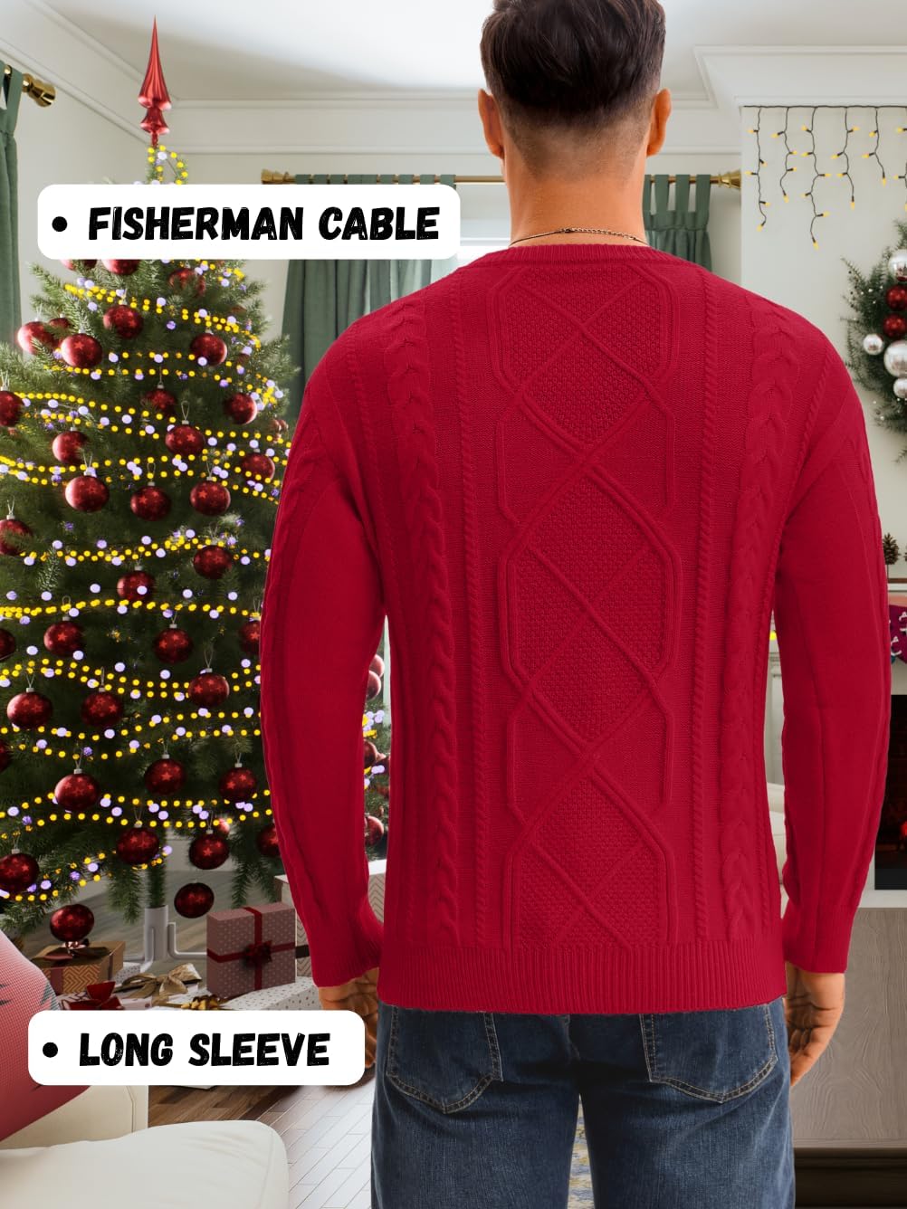 Men Fashion Cable Knit Fisherman Sweater, Crewneck Long Sleeve Solid Pullover Top, Vintage Fall Winter Casual Outfits - Image 4