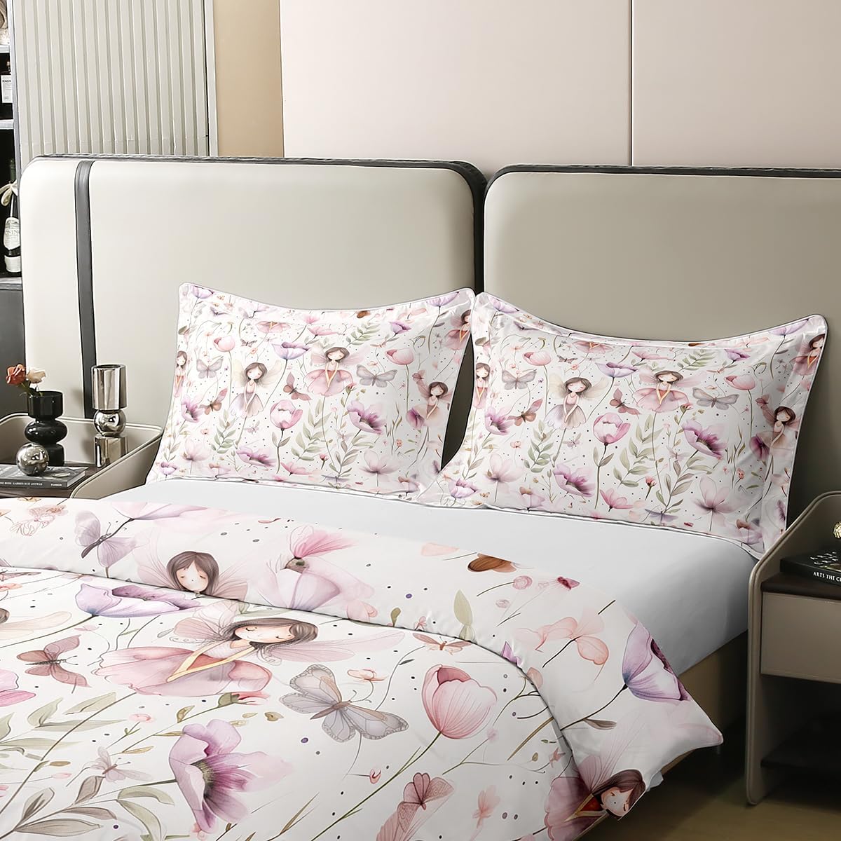 Erosebridal Fairy Garden King Bedding Set - Butterfly & Floral 100% Cotton Duvet Cover for Kids Girls, Purple Pink Flower Butterflies Bed Set | Whimsical Fairies Comforter Cover 3 Piece Room Decor