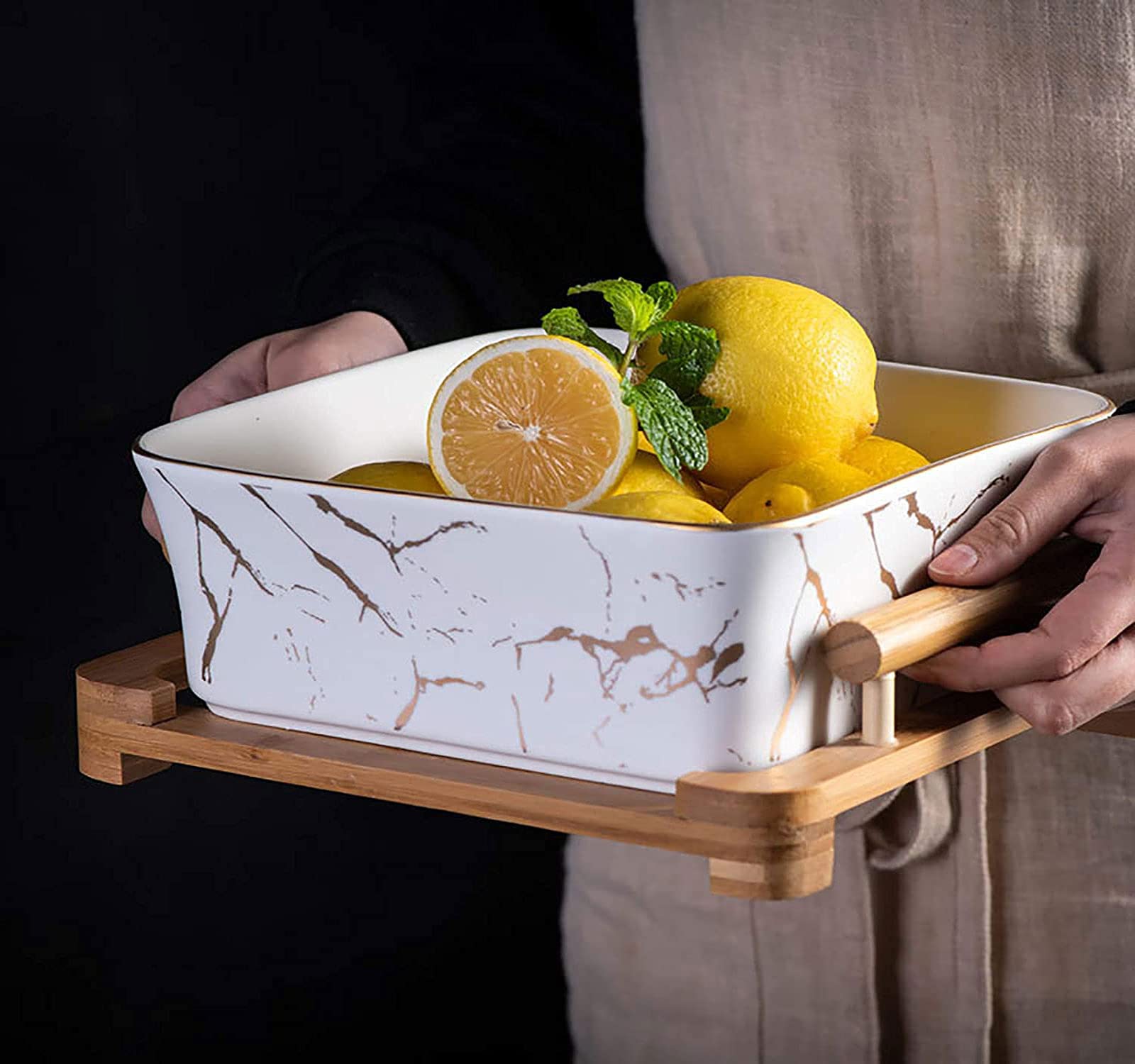 Porcelanowe Miski Na Owoce Z Drewnianym Stojakiem, Dekoracyjna Miska Sałatkowa, Składana Miska Centralna, Miska Do Serwowania Słodyczy, Przekąsek I Zup, Marmurowa Miska