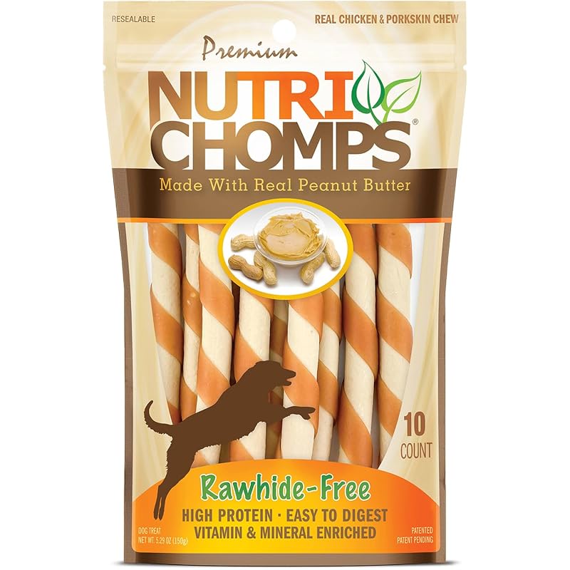 Petisco mastigável para cães sem couro cru com manteiga de amendoim Nutri Chomps, espirais de 12,7 cm, pacote com 10
