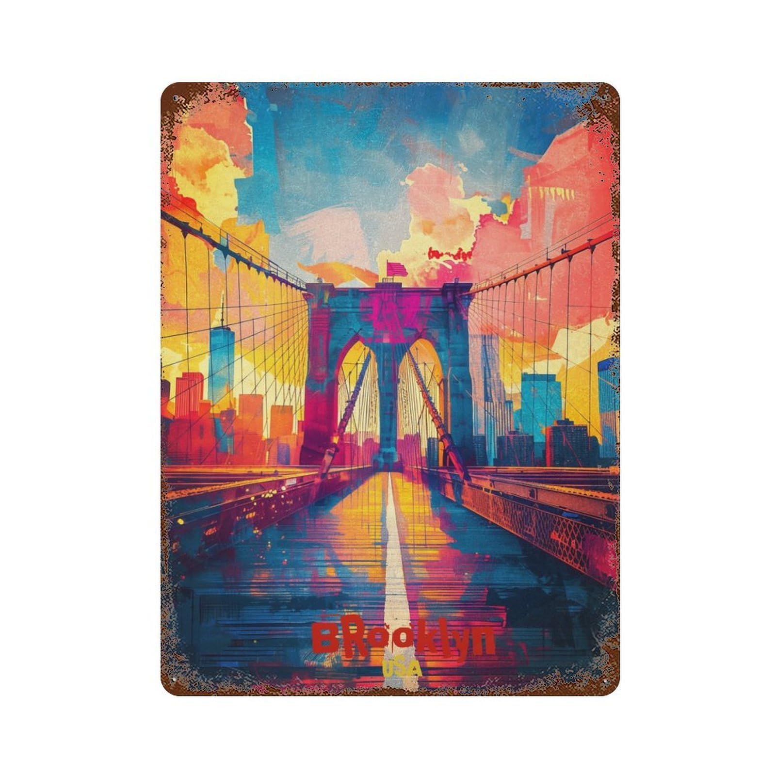 Distressed Metal Wall Sign with Brooklyn Art Design 15.7"x11.8", for Office, Studio And Wall Decor, Industrial Home Decor