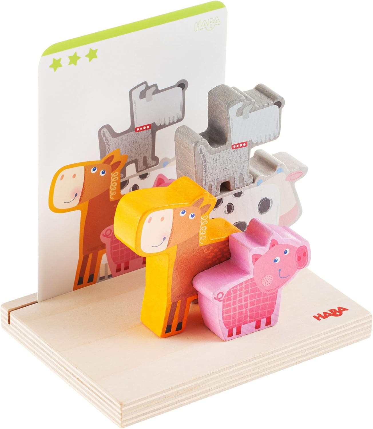 HABA Wooden Stacking Toy for Toddlers, On the Farm Educational STEM Blocks for 2+ Year Old, Montessori Learning Toys Made in Germany, Toddler Building Blocks Set with 5 Template Cards for Ages 2-4