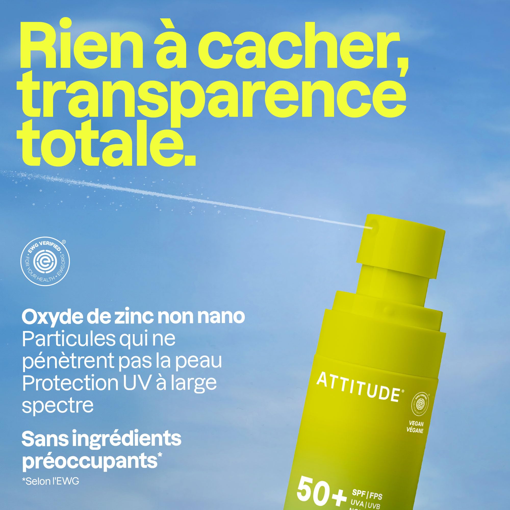 ATTITUDE Crème Solaire Ultra-Légère SPF 50, Large Spectre à l’Oxyde de Zinc, Vérifié EWG, Non Nano, Résistant à l’Eau, pour Visage et Corps, Végan, Sans Odeur, 80 g