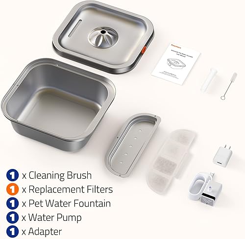 Miniatura 6 de Fuente de agua para gatos Acero inoxidable Fuente de agua para mascotas de 4L140 oz Interior, Dispensador automático de beber para perros