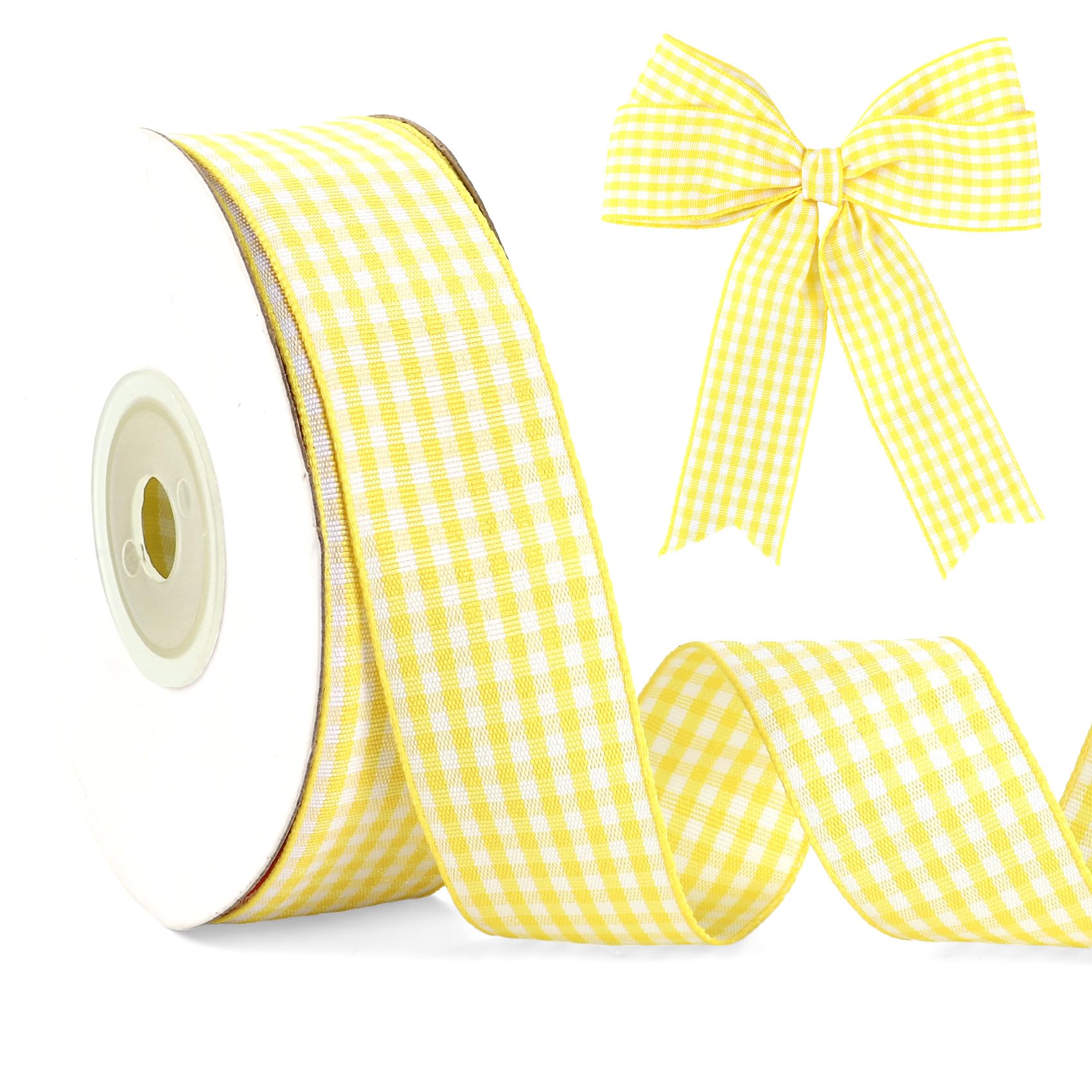 Photo 1 of Yellow and White Plaid Checkered Ribbon 1 Inch 25 Yards Lemon Yellow Buffalo Gingham Ribbon for Picnic Craft Gift Wrapping Hair Bows Wedding Invitations Christmas Thanksgiving Party Decoration