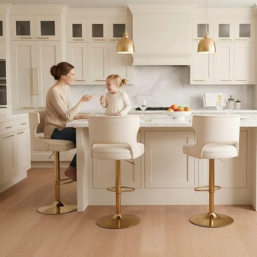 Miniatura 6 de ROCITY Juego de 2 taburetes de bar negros giratorios de altura de mostrador con respaldo de piel sintética con base dorada, isla de cocina moderna