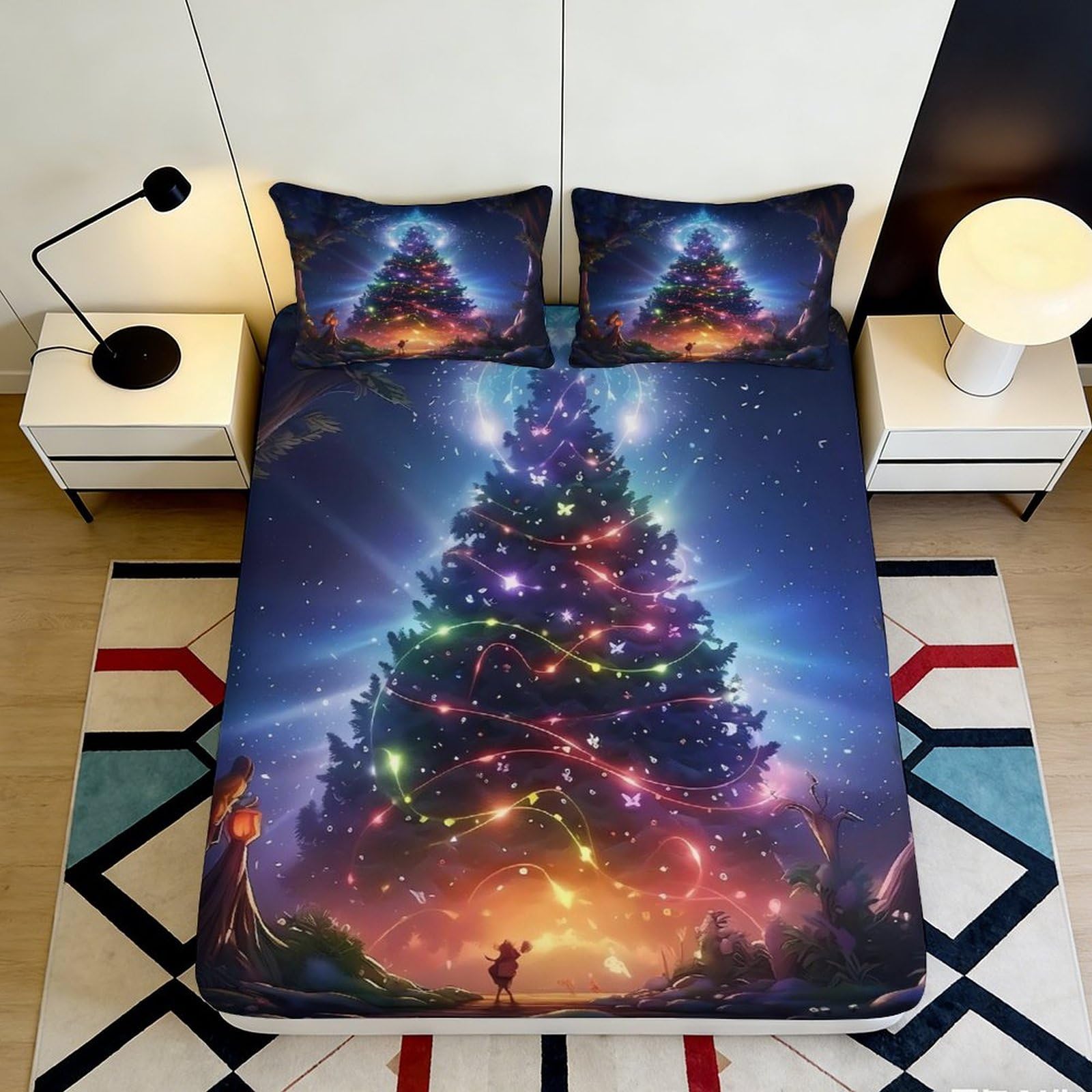 3D Printed Christmas Tree Fitted Sheet Microfiber Deep Pocket Non-Slip Christmas Mattress Fitted Cover Bedroom Adult Teen 200x200x25cm 90x200x25cm