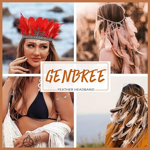 Miniatura 7 de Red Feather Headpiece Indian Costume Headdress Carnival Crown Headband for Women