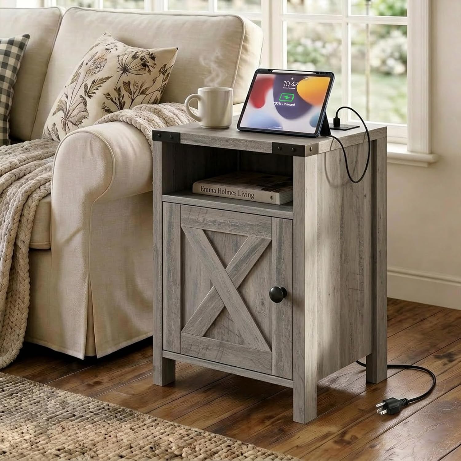 Vabches Farmhouse Nightstands with Barn Door, End Table with Charging Station, Rustic Bedside Table with Storage and Open Compartment for Bedroom, Grey, 13.8" D x 15.7" W x 23.6" H