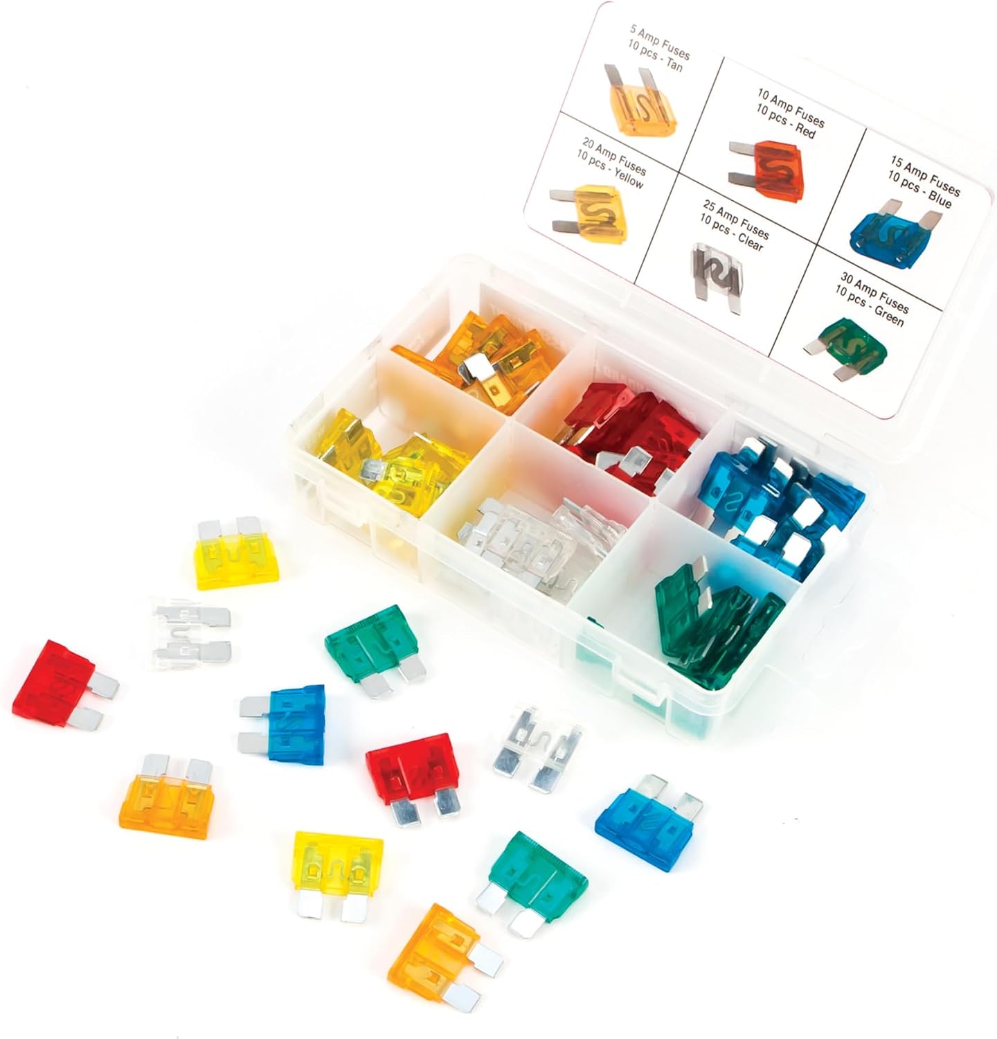 Performance Tool W5373 60-Piece Standard Fuse Assortment With Wide Range of Amp Ratings (5A, 10A, 15A, 20A, 25A, and 30A).
