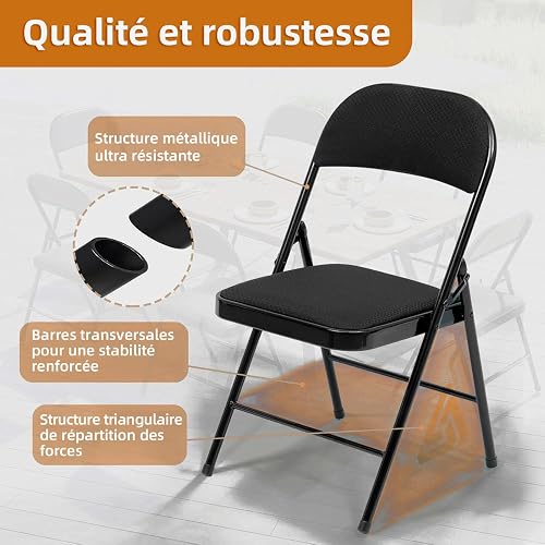 Asdsed Lot de 8 Chaises Pliantes Rembourrées, Jusqu'à 160 kg, Robuste et Stable, Gain de Place, Confortable Chaise Pliable pour Salon, Salle à Manger, Camping, Jardin, Cuisine, Tissu, Noir - 4