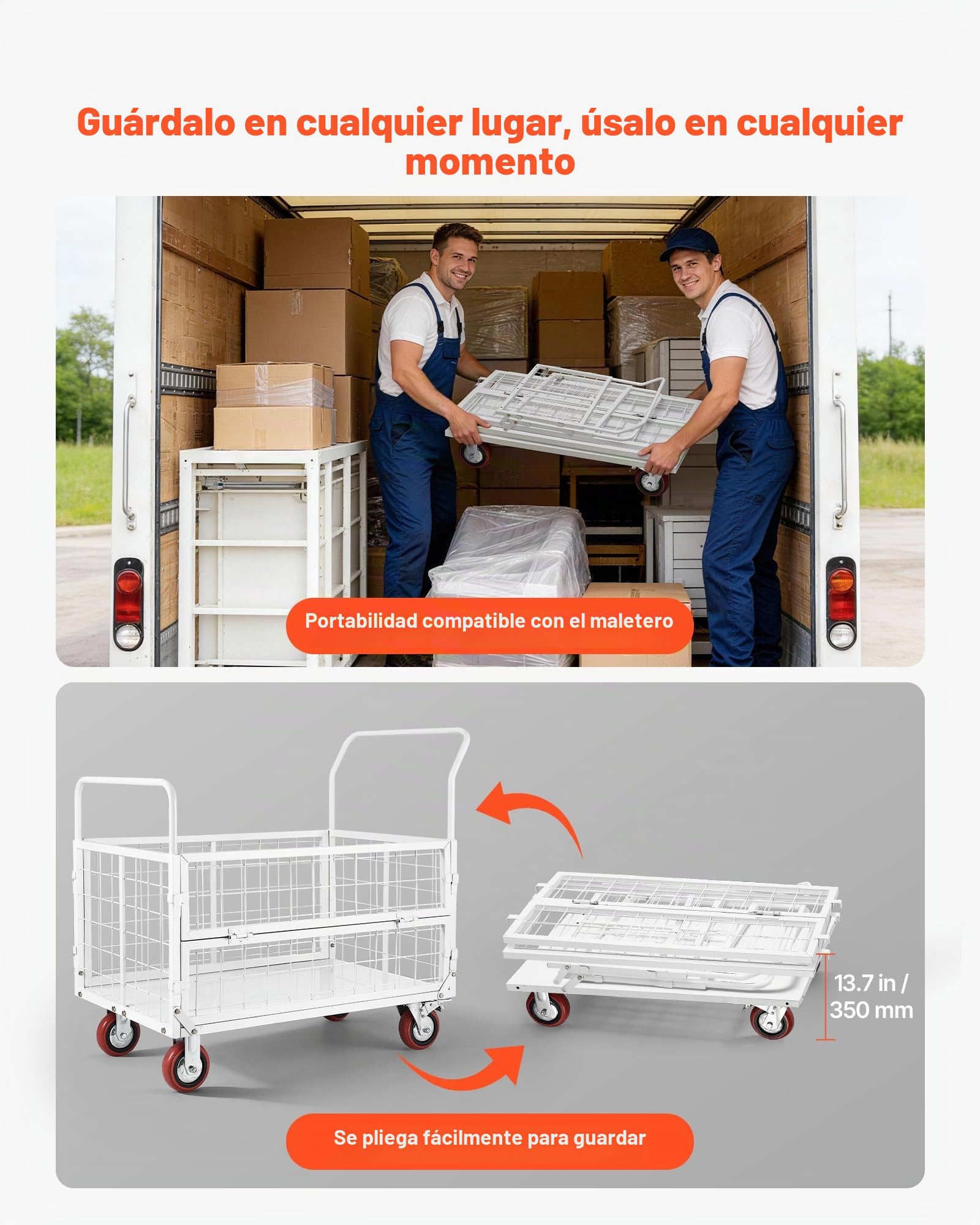 VEVOR Carro Plataforma Plegable con Jaula 1130 x 675 mm, Carretilla de Transporte Carga de 907,18 kg, Carrito Portaequipajes con Ruedas de PU de 150 mm, para Tareas Domésticas, Almacén, Mudanza