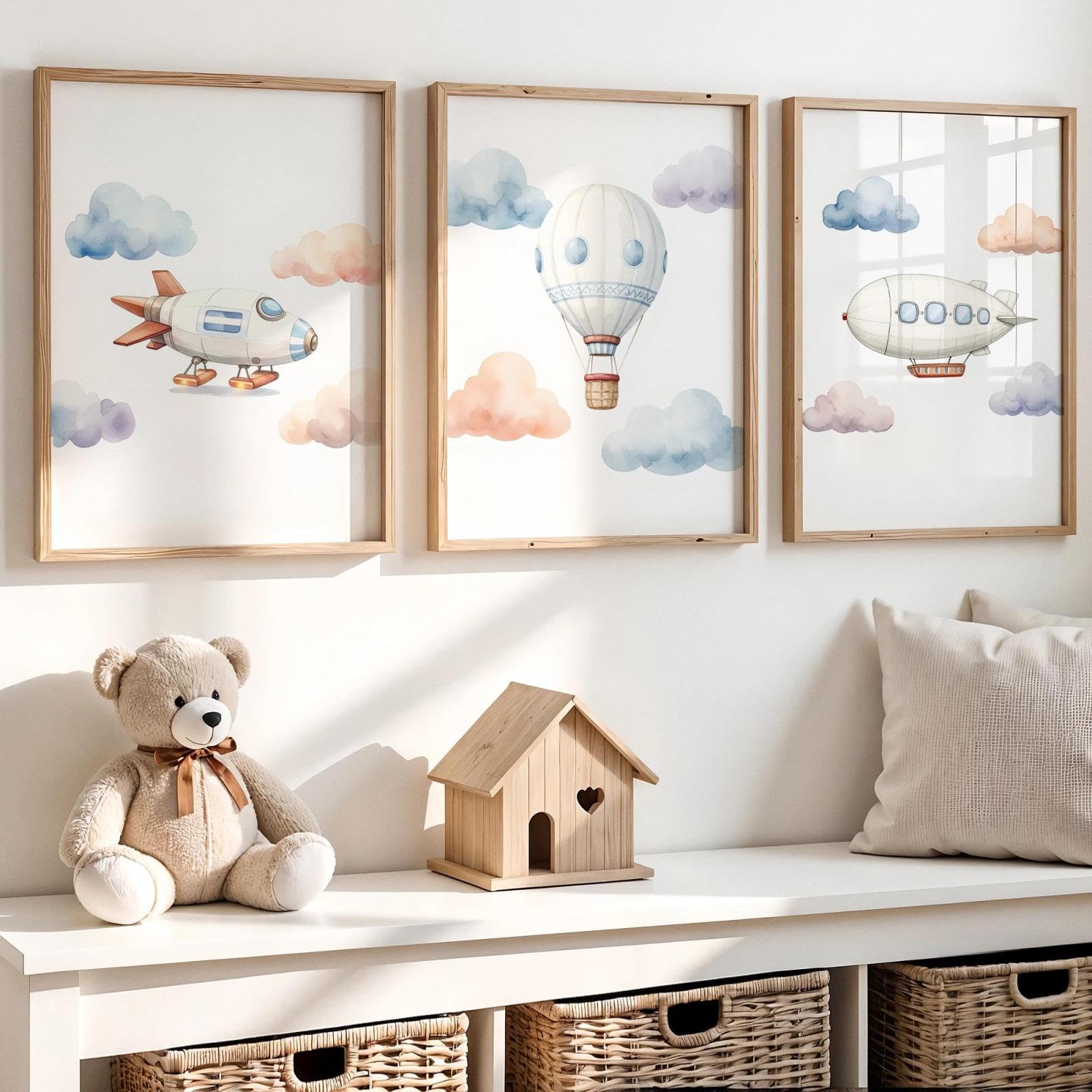 Baibexing Cartoon Watercolor Hot Air Balloon In The Sky Wall Art Print Canvas Painting Poster Picture For Kids Room,Boy'S Room Home Decor 40X60Cmx3Pcs Unframed