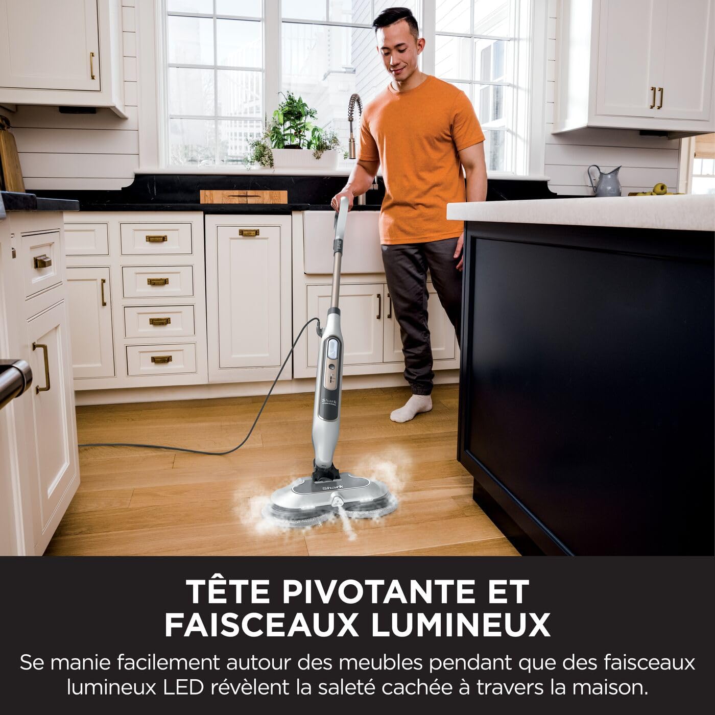 Shark Steam Mop Balai automatique à vapeur et à récurer, 3 réglages vapeur, assainit, élimine taches et saleté, 2 tampons rotatifs, utilisation sur tous les sols durs scellés, blanc et gris, S8201EU