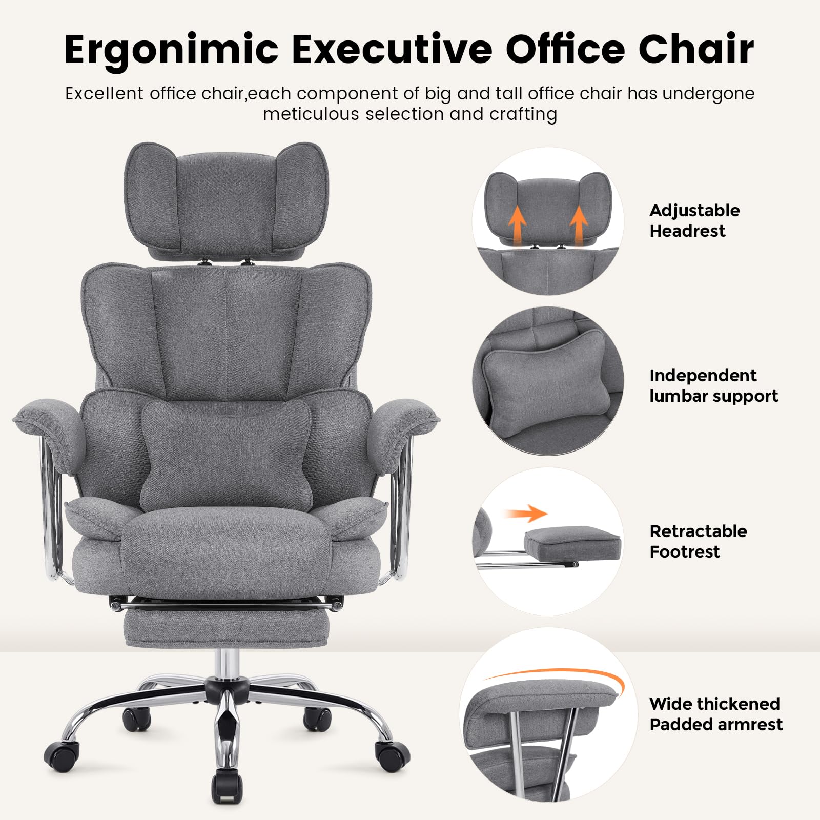 IWMH Bürostuhl Ergonomischer mit Fußstütze und Lendenwirbelstütze, Bürostuhl Chefsessel 200KG XXL, Drehstuhl mit Armlehnen und Kopfstütze Höhenverstellbarer Stoff (Grau)
