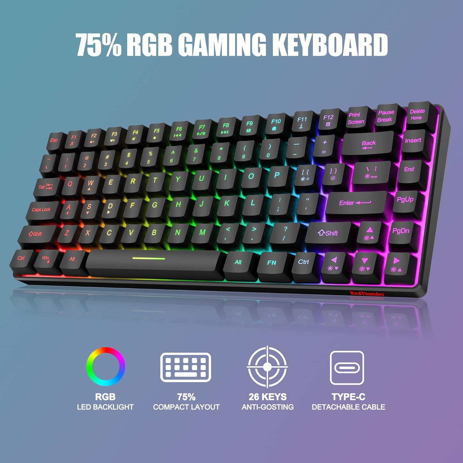 RedThunder K84 Mini Gaming Keyboard with vibrant RGB backlighting