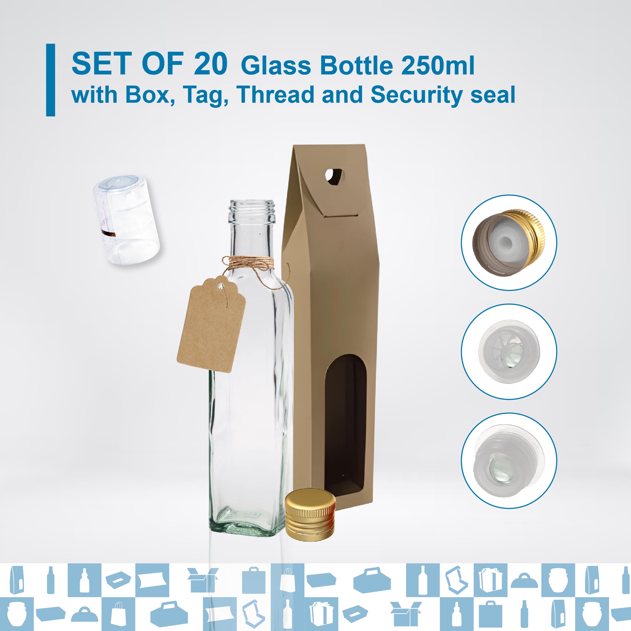 20 bottiglie in vetro da 250 ml con tappo a vite dorato con beccuccio versatore + 20 scatole + 20 sigilli + 20 etichette Kraft + spago | olio d'oliva, aceto, alcol, salse | olio di vetro