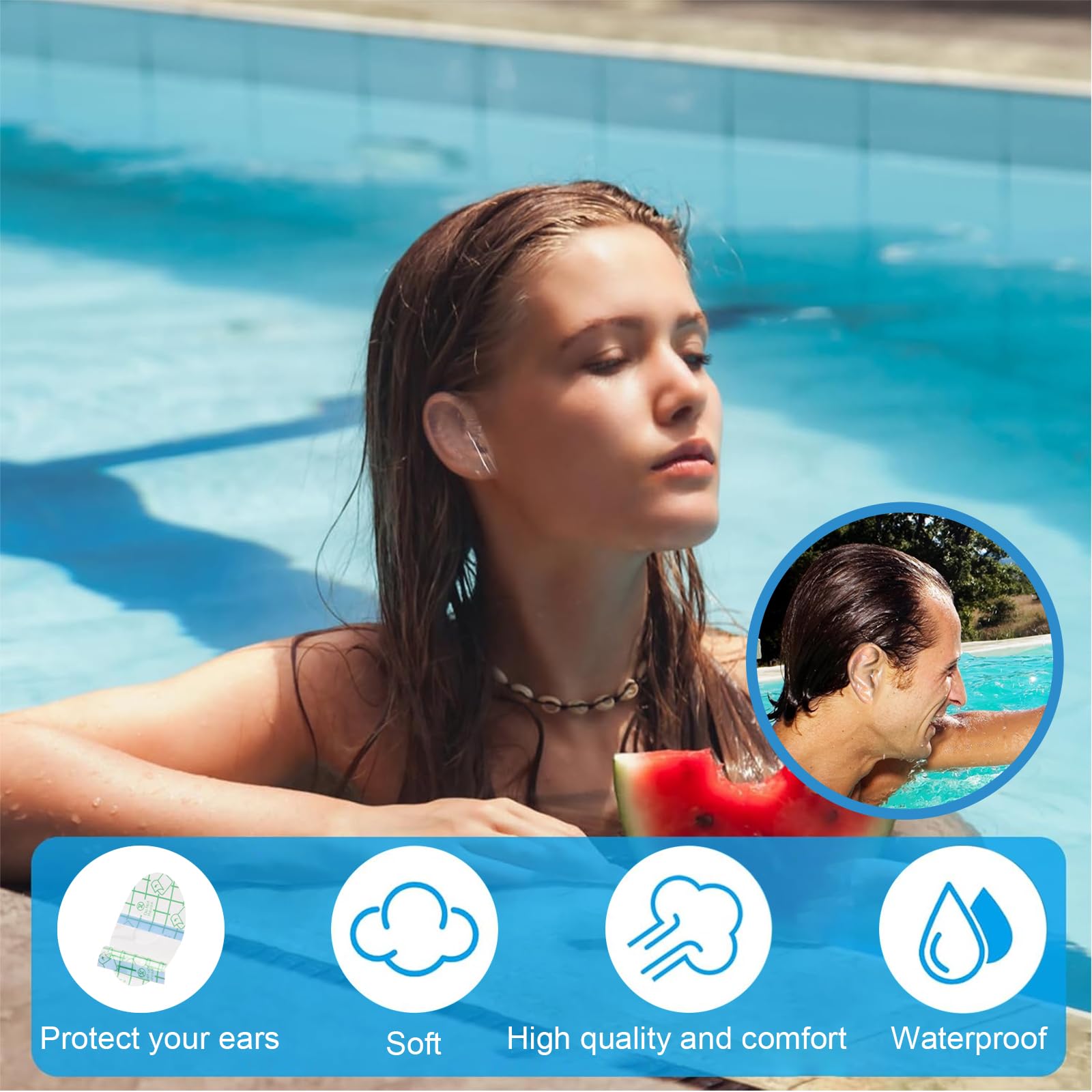 Confezione da 60 copriorecchie per doccia e nuoto, toppe adesive trasparenti impermeabili 5,5 x 8 cm, design senza cotone, adatti per adulti, ideali per surf, immersioni e tutte le attività acquatiche