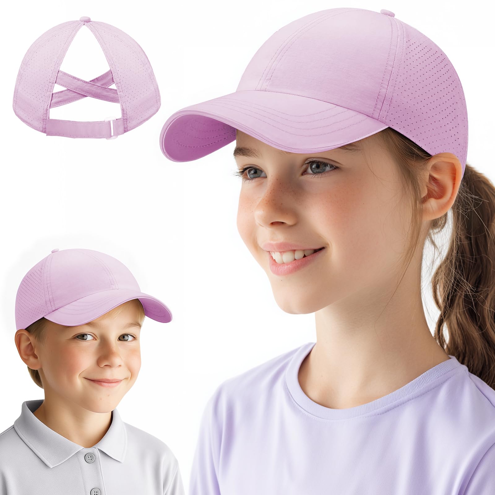J.fée Unisex Kids Pink Girls Baseball Caps Ponytail Cap, Girls Summer Hat Criss Cross Ponytail Hat Kids Baseball Cap Mesh Breathable Adjustable Quick Drying Summer Hats For Kids, 51.5-54Cm, 1Pc