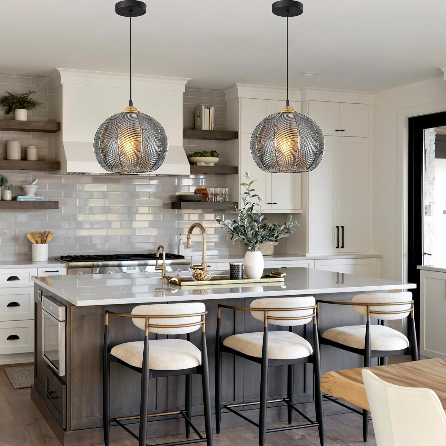 Mid Century Hanging Lighting 1-Light Globe Hanging Pendant Lights with Gray Glass Shade, Farmhouse Glass Chandelier for Dining Room Kitchen Island Foyer