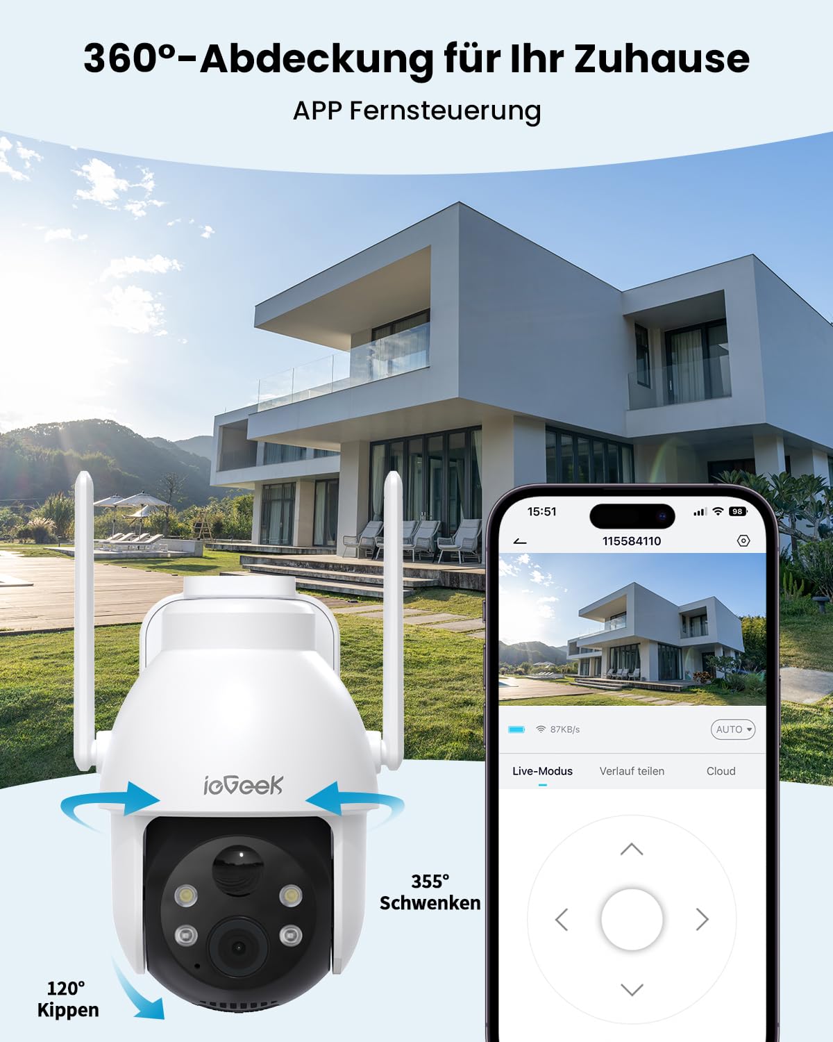 ieGeek 2 x kamera monitoringowa 2K 3 MP, zewnętrzna kamera solarna, 360° PTZ, zewnętrzny akumulator, 2,4 GHz, bezprzewodowa kamera do monitoringu z czujnikiem ruchu PIR, kolorowy noktowizor, audio